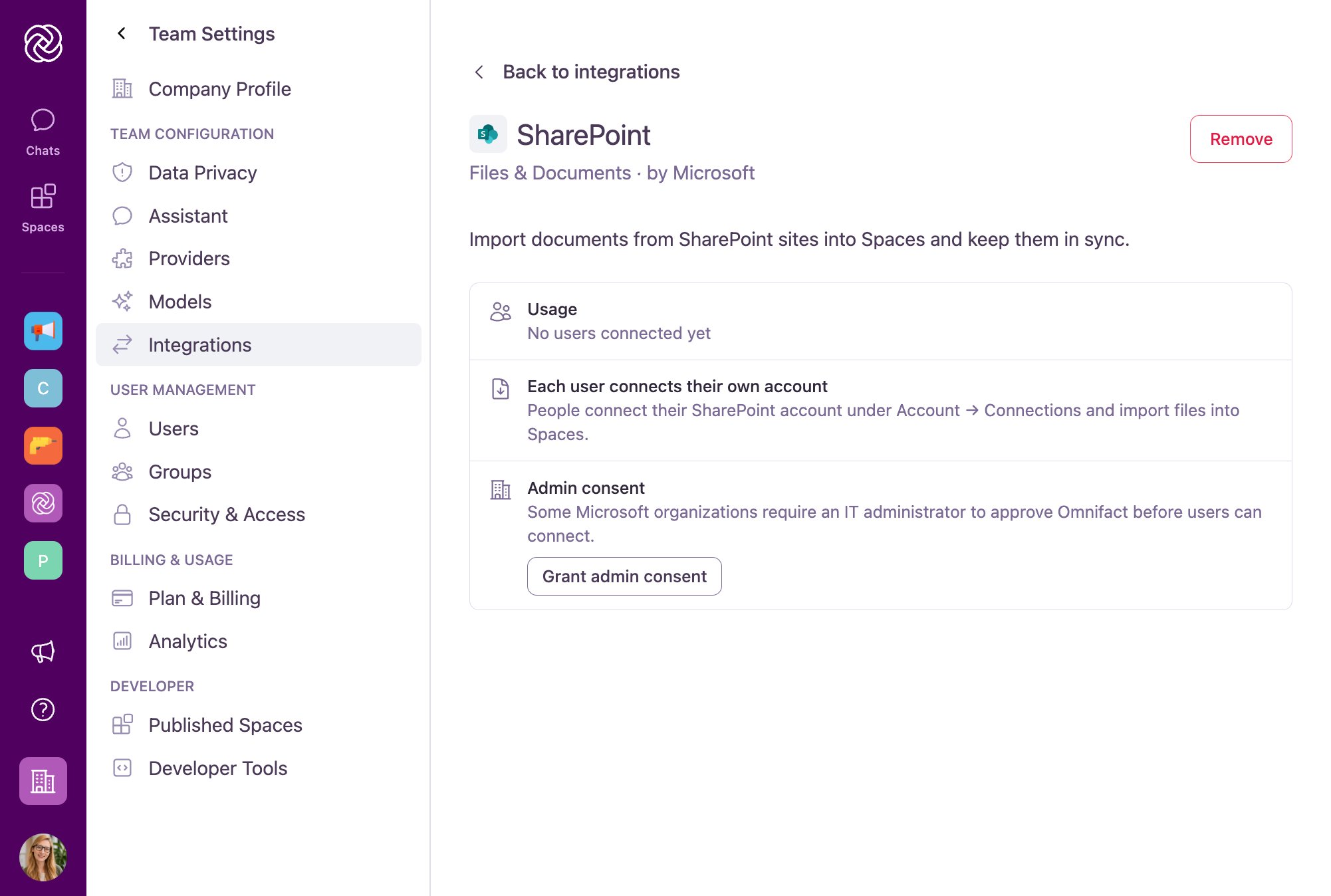 SharePoint integration details page showing connected usage, user sign-in guidance, admin consent button, and the Remove action.