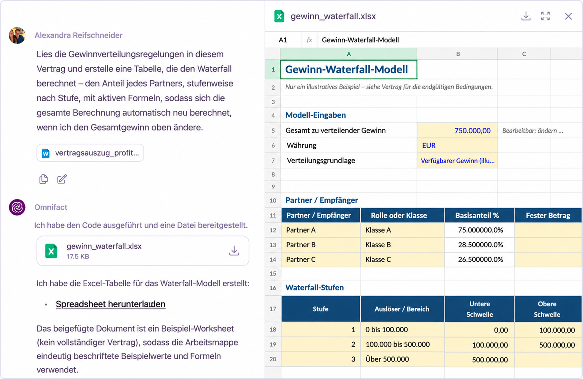 Chat mit einer generierten Excel-Dateikarte neben der Dokumenten-Viewer-Vorschau einer Gewinnverteilungs-Tabelle mit dynamischen Formeln