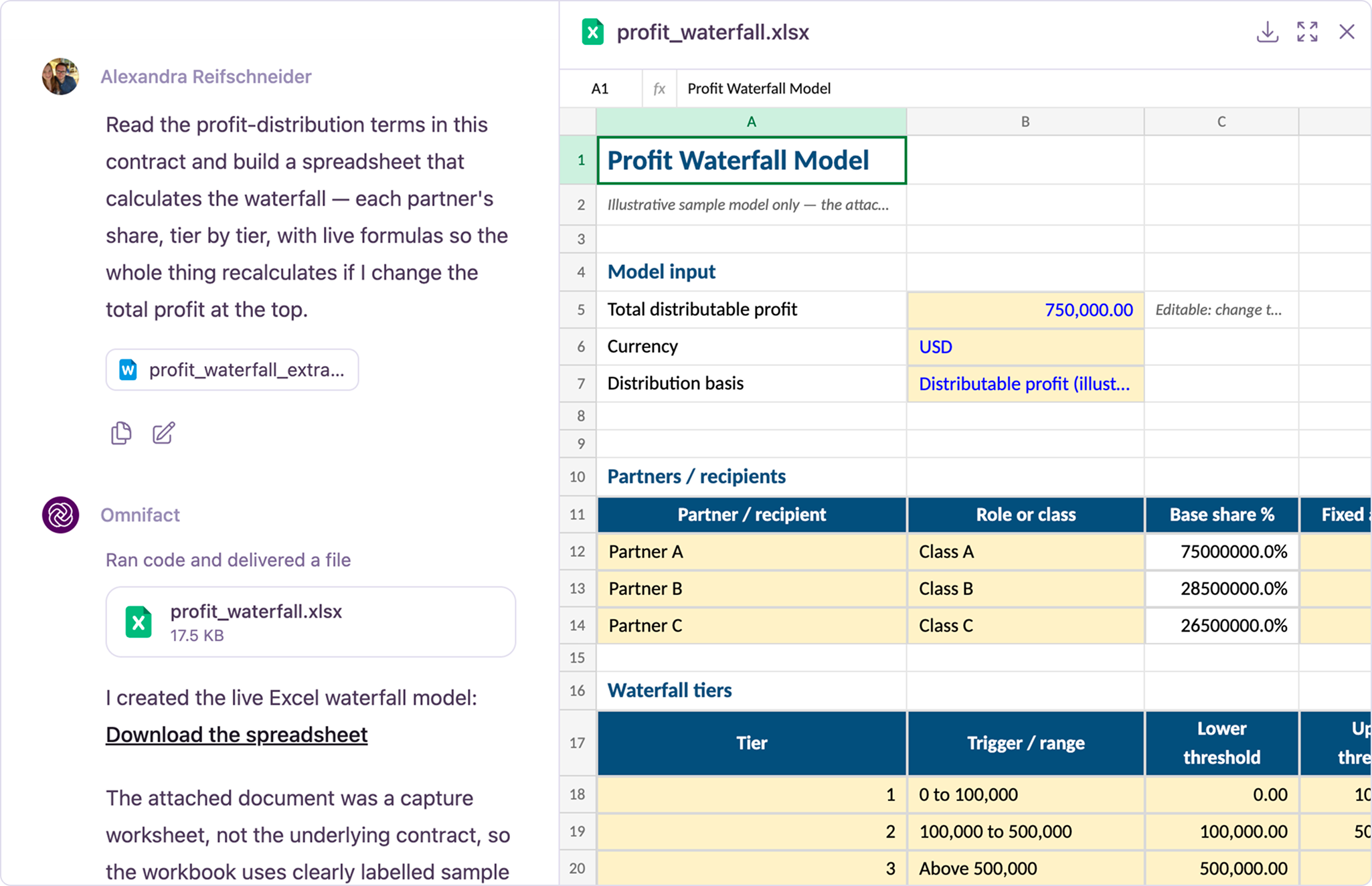Chat delivering a generated Excel file card next to the Document Viewer preview of a profit waterfall workbook with live formulas