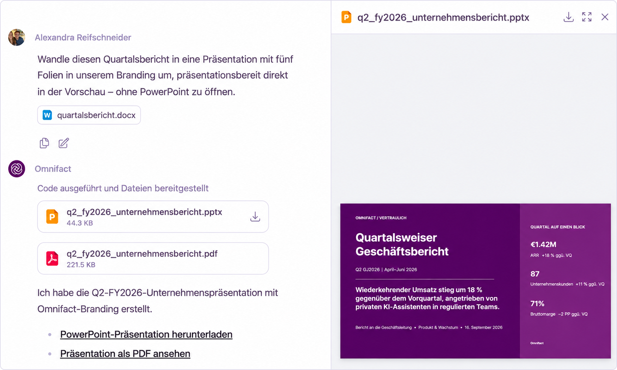 Chat mit einer generierten PowerPoint-Dateikarte neben der Dokumenten-Viewer-Vorschau einer 16:9-Folie zum Quartalsbericht