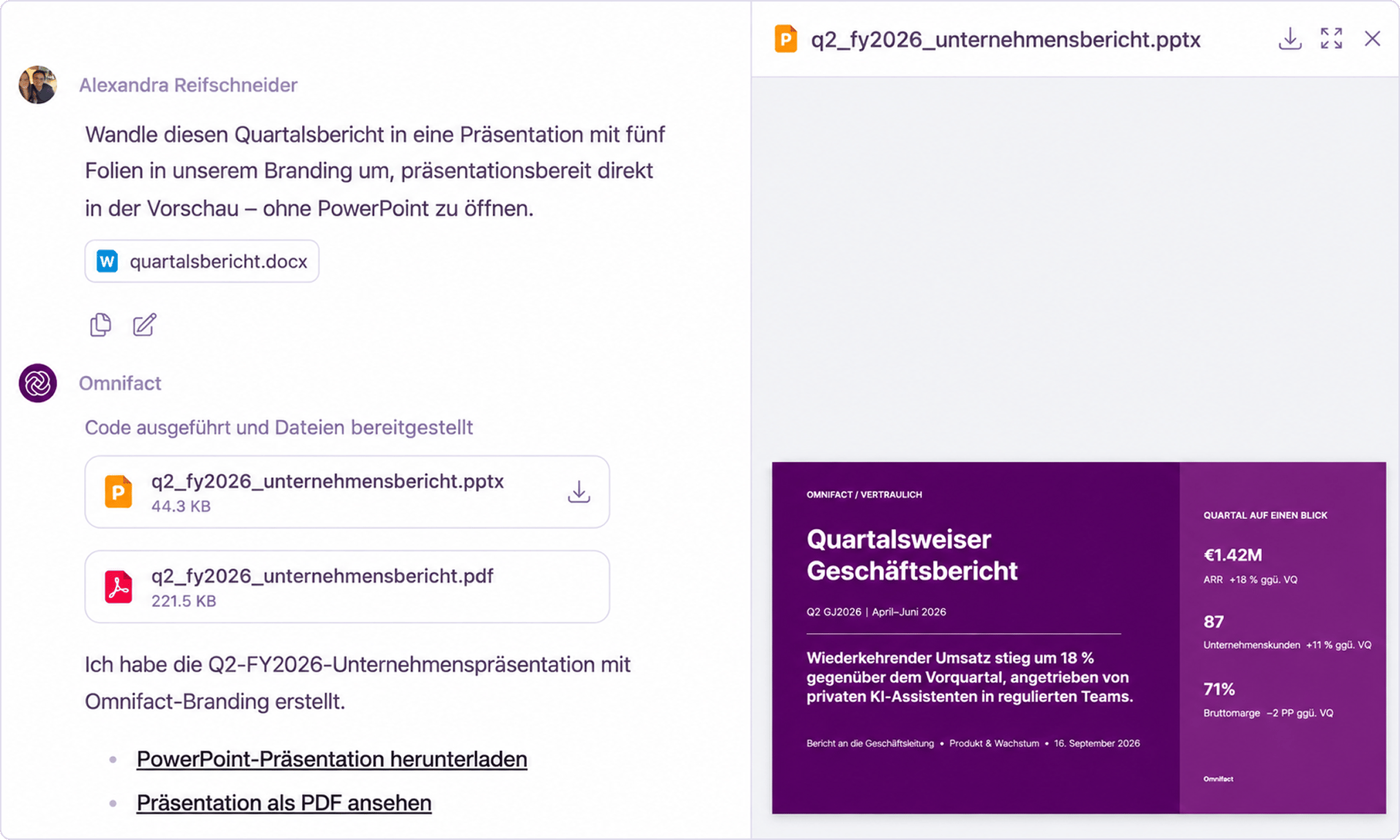 Chat mit einer generierten PowerPoint-Dateikarte neben der Dokumenten-Viewer-Vorschau einer 16:9-Folie zum Quartalsbericht