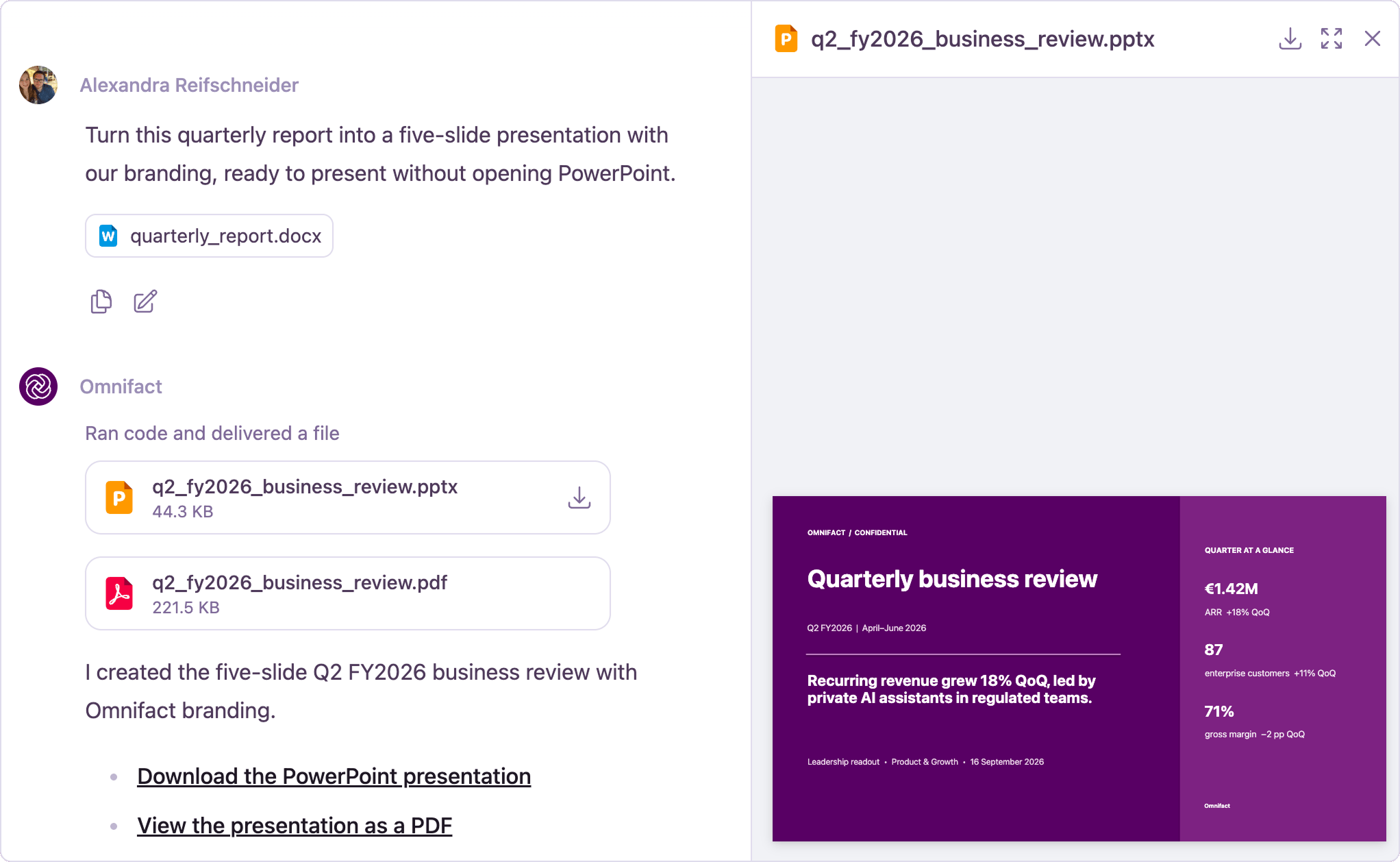 Chat delivering a generated PowerPoint file card next to the Document Viewer preview of a 16:9 quarterly business review slide