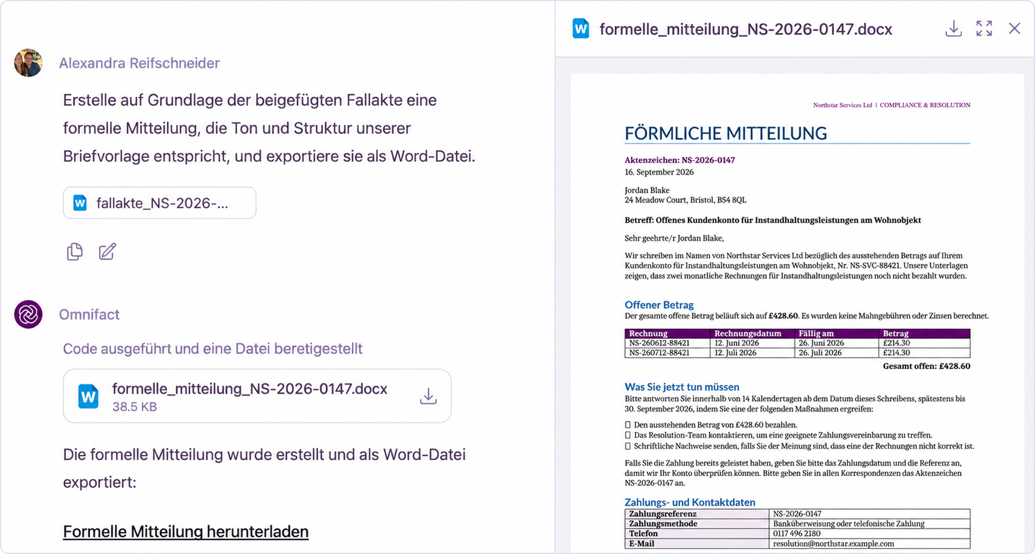 Chat mit einer generierten Word-Dateikarte neben der Dokumenten-Viewer-Vorschau einer formatierten förmlichen Mitteilung