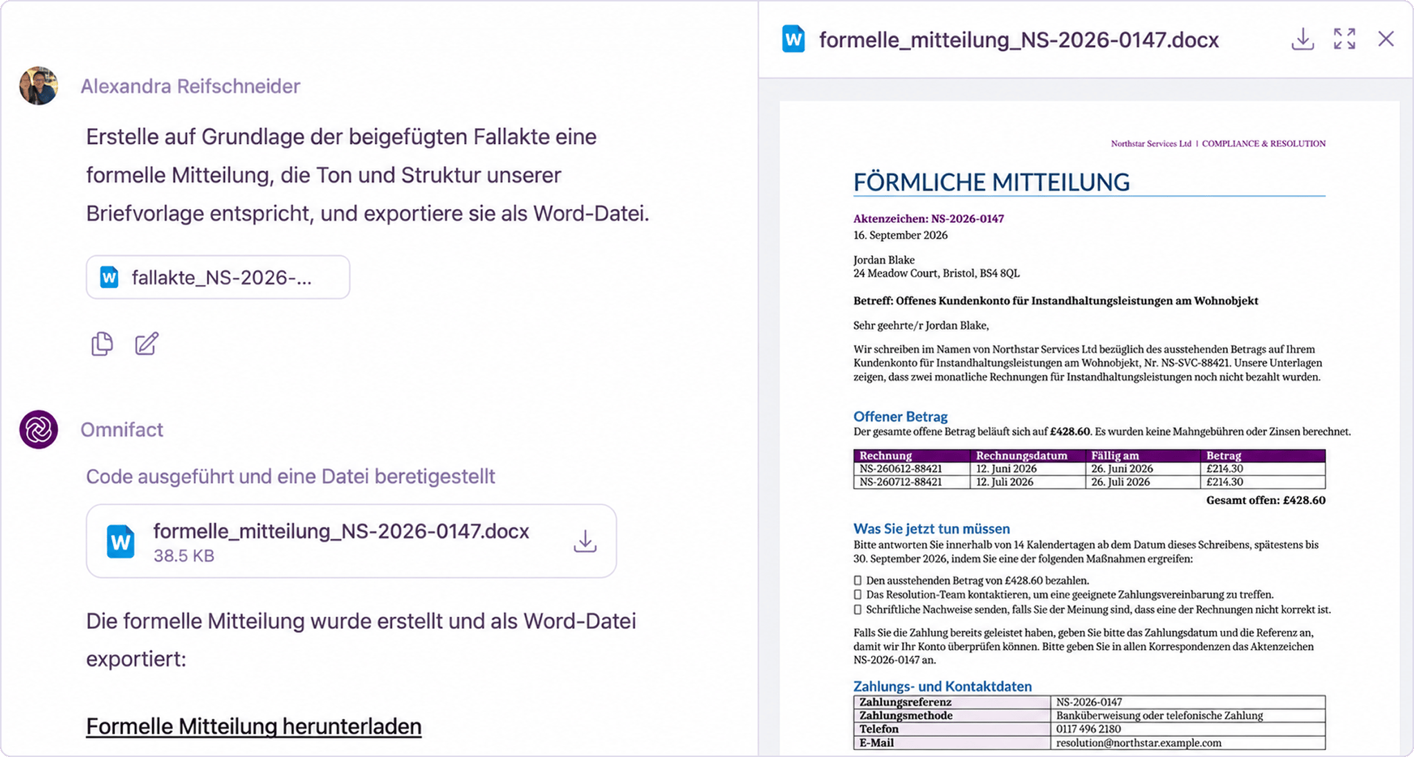 Chat mit einer generierten Word-Dateikarte neben der Dokumenten-Viewer-Vorschau einer formatierten förmlichen Mitteilung
