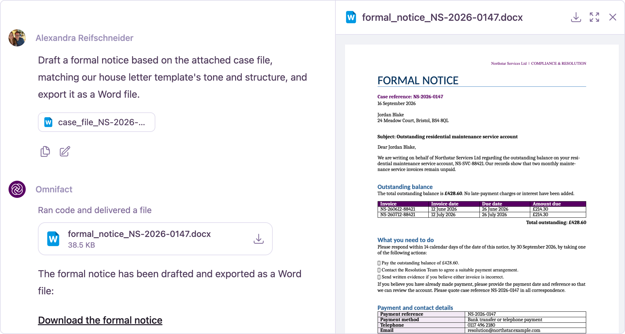Chat delivering a generated Word file card next to the Document Viewer preview of a formatted formal notice