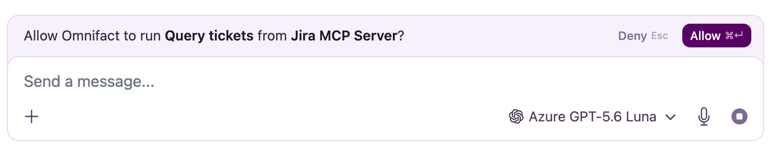 Tool approval banner above the chat composer asking to allow a Jira MCP tool, with Deny and Allow buttons