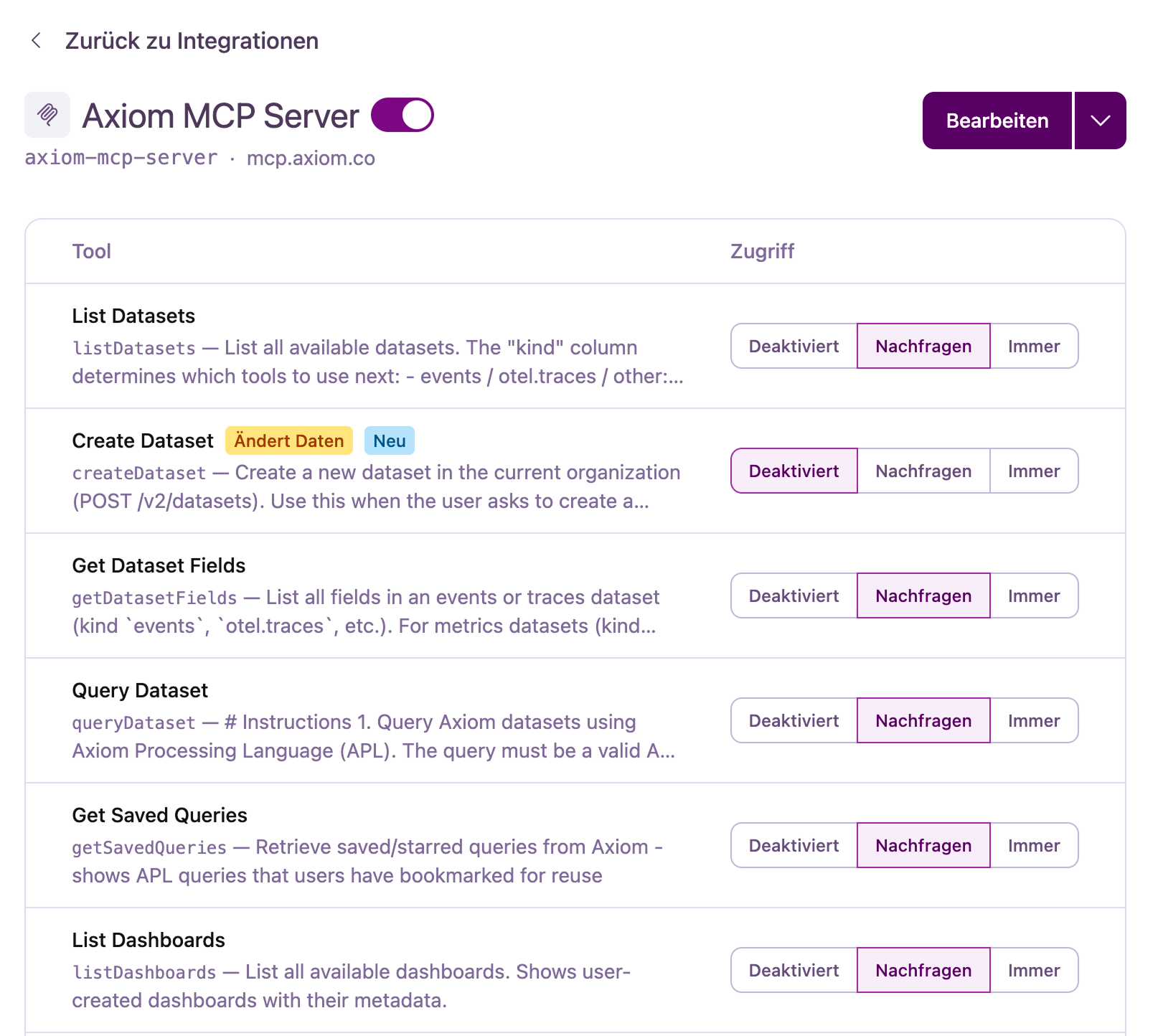 MCP-Server-Detailseite mit erkannten Tools und den Zugriffsrichtlinien Immer, Nachfragen und Deaktiviert