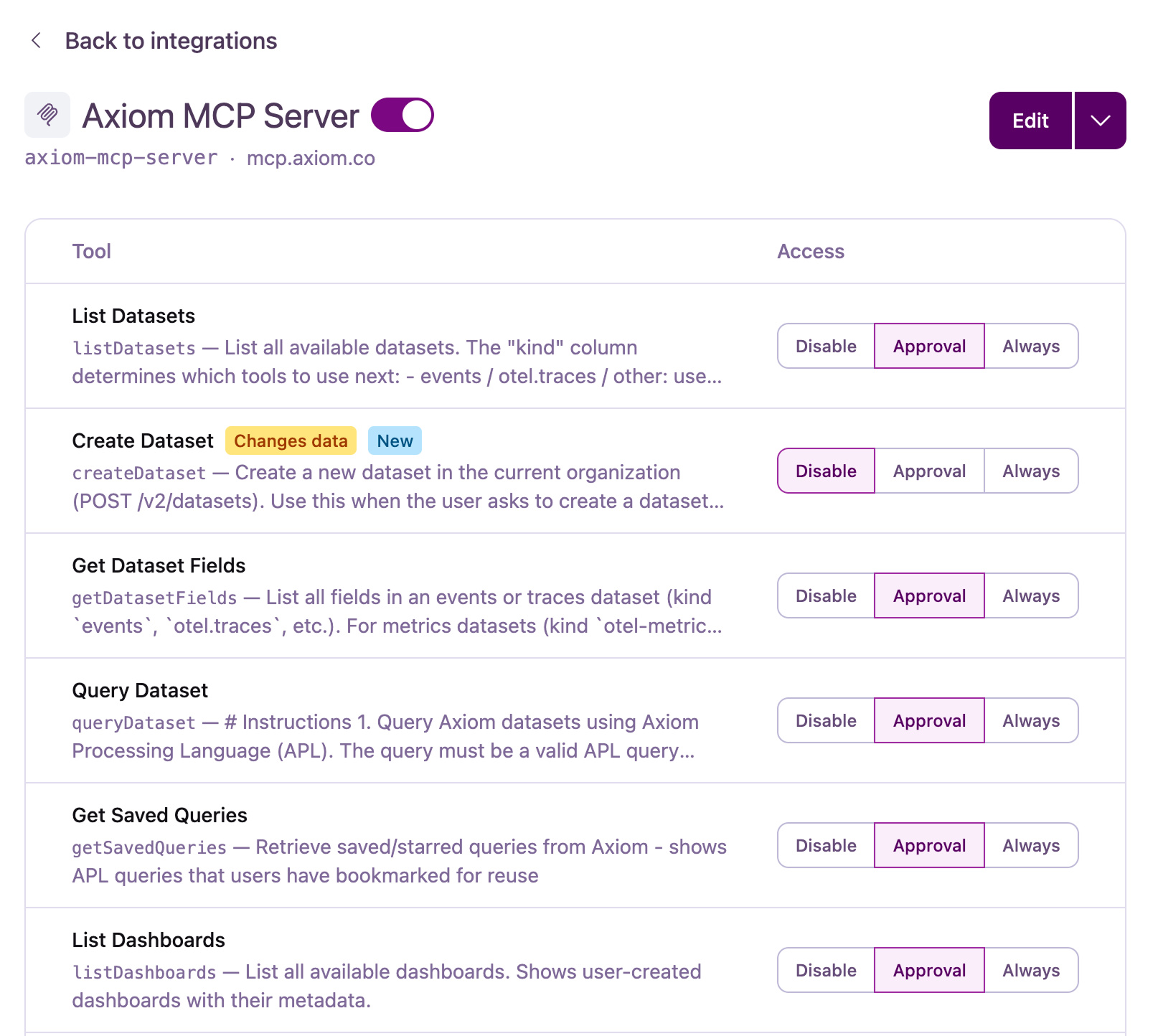 MCP server details page listing discovered tools with Always, Approval, and Disable access policies