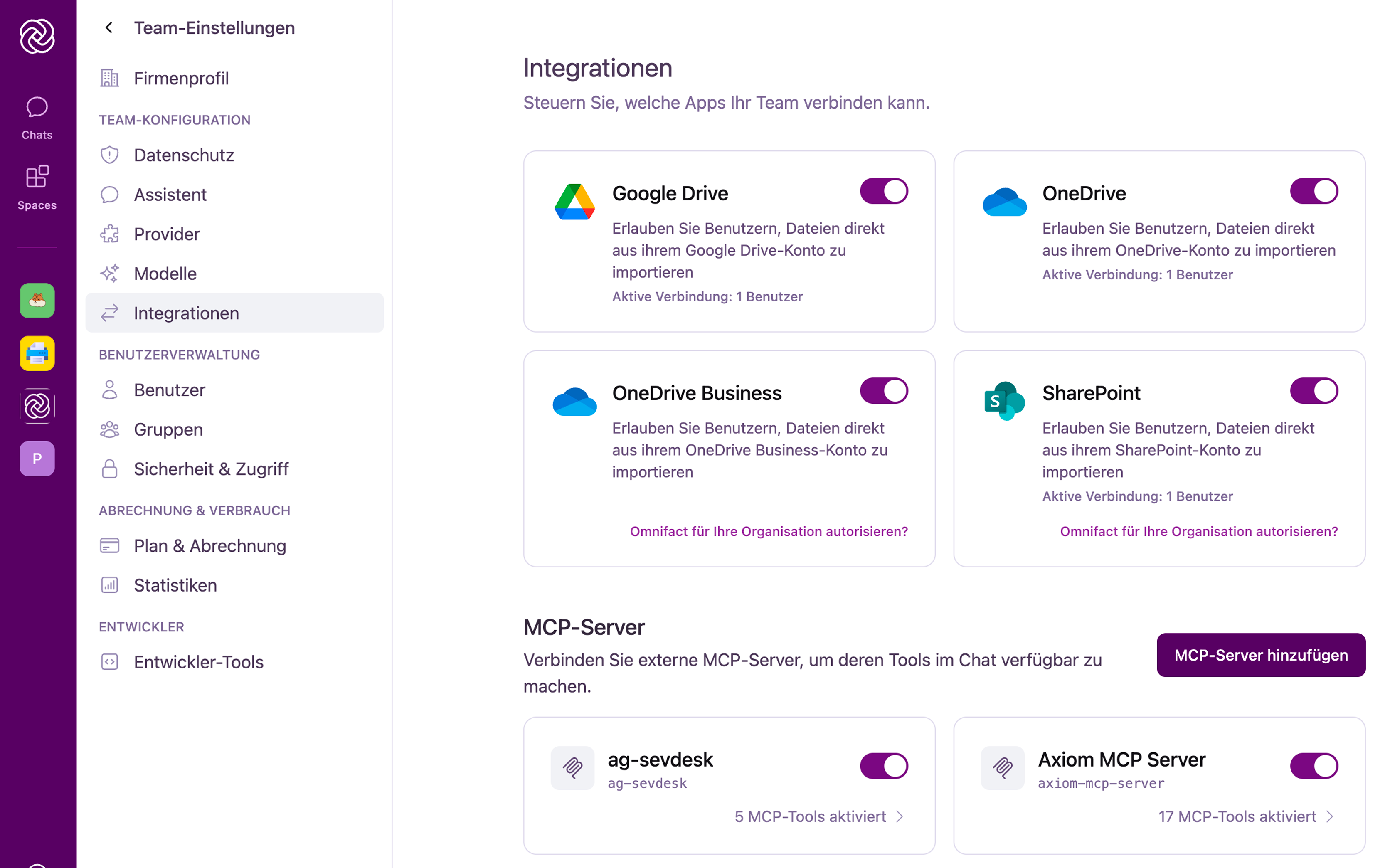 Integrationen in den Team-Einstellungen mit Cloud-Speicher-Karten und dem Bereich MCP-Server inklusive Tool-Anzahlen