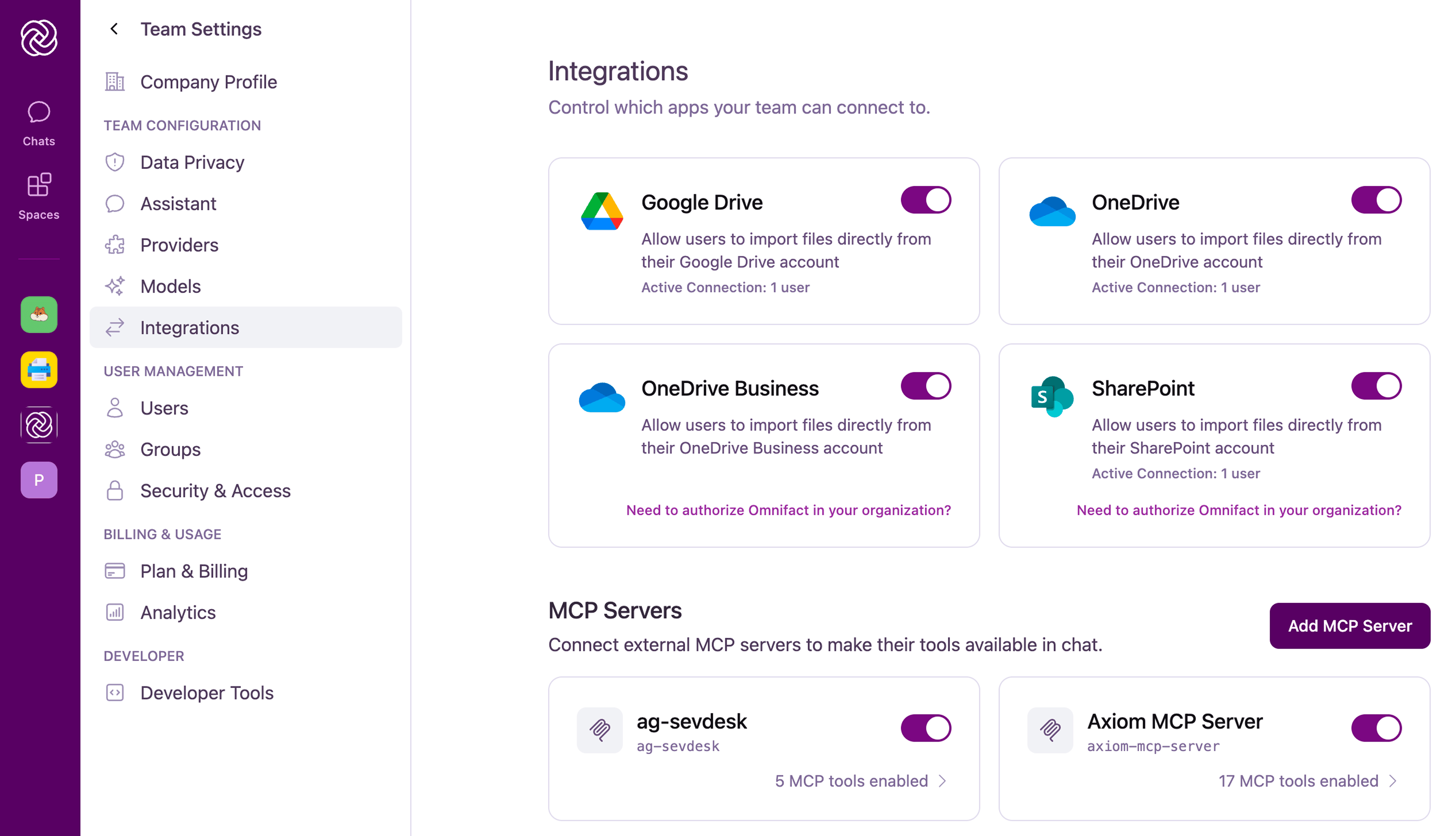 Team Settings Integrations page showing cloud storage cards and the MCP Servers section with connected servers and enabled tool counts