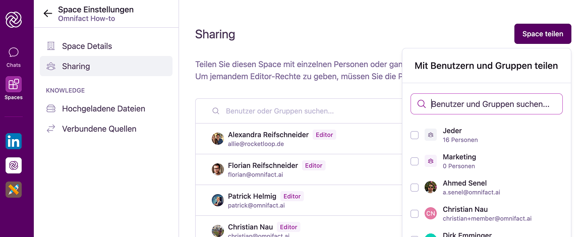 Suche nach Benutzern und Gruppen für Space-Freigabe
