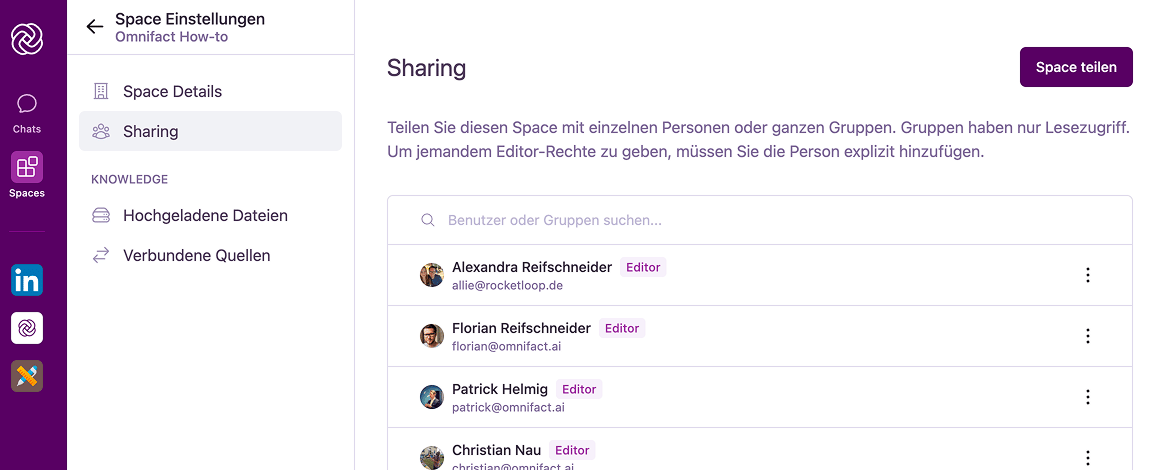 Freigabe-Reiter in den Space-Einstellungen