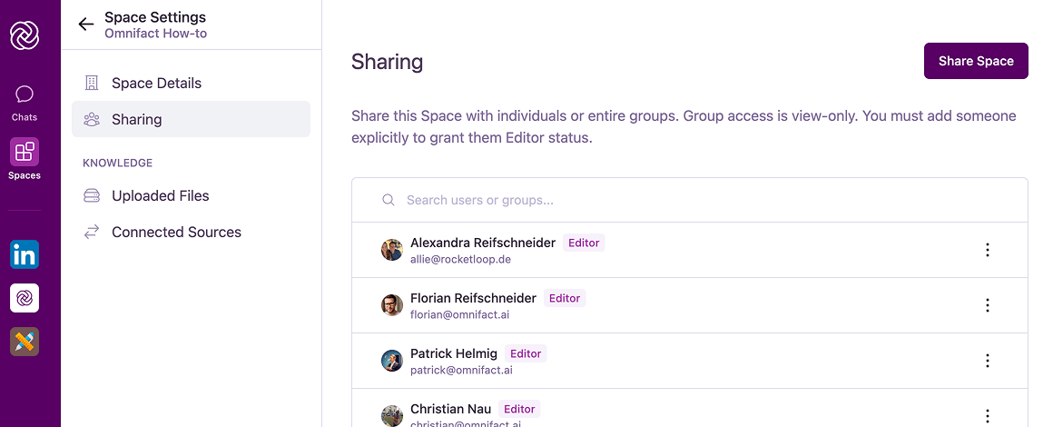 Sharing tab in Space Settings