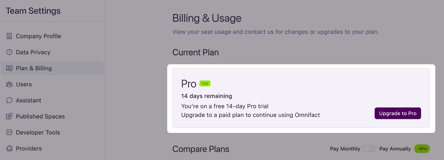 Current plan section showing a free trial.