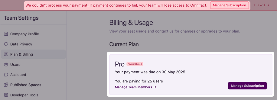 Current plan section showing a 'Payment Failed' notice.