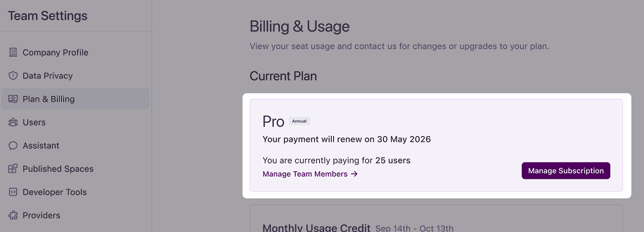 Current plan section for a Pro plan with an annual subscription.