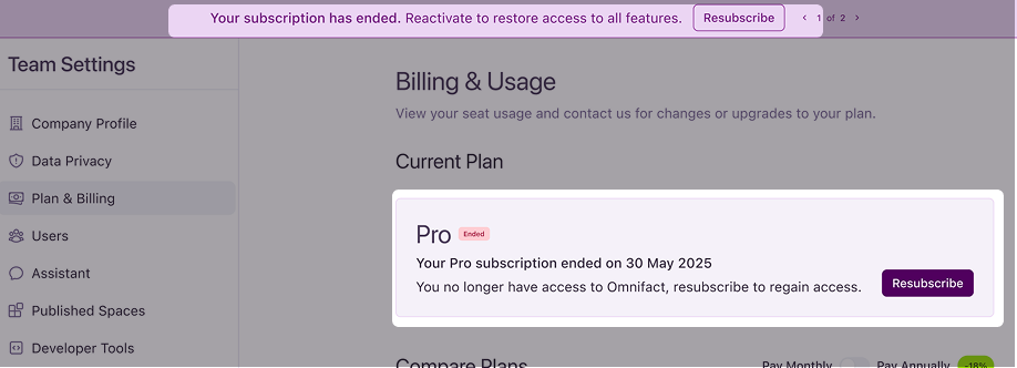 Current plan section showing a Pro subscription has ended.