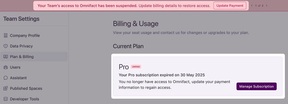 Current plan section for a subscription that expired due to non-payment.