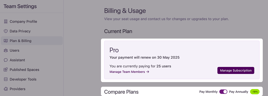 Current plan section for a Pro plan with a monthly subscription.
