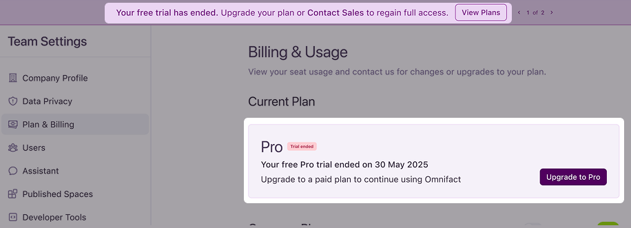 Current plan section showing that the free trial has ended.