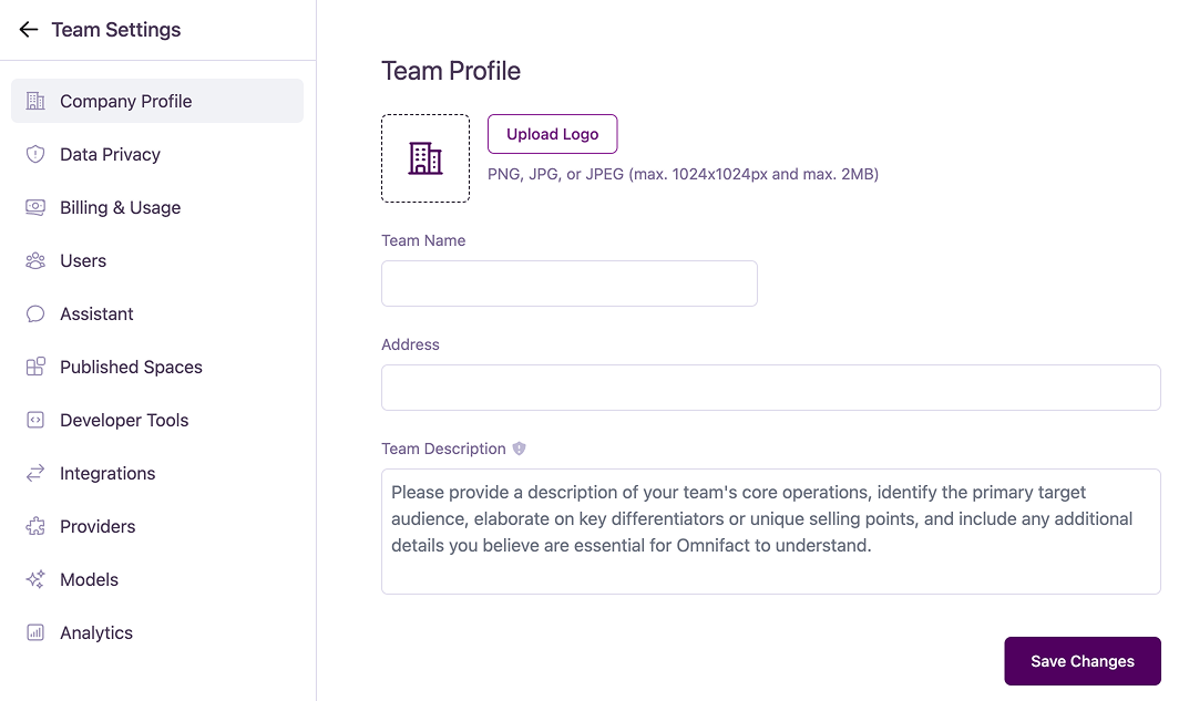 The Company Profile settings page, showing fields for Logo, Company Name, Address, and Company Description.