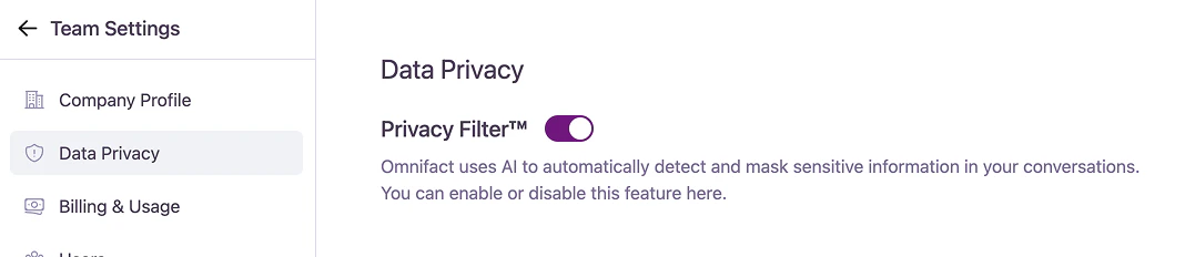 The Data Privacy settings page, showing the toggle for the Privacy Filter.