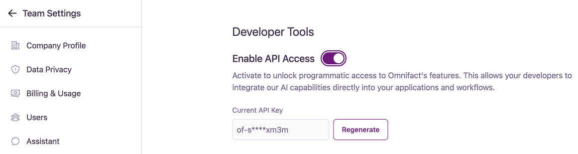The toggle switch for enabling or disabling API Access in Developer Tools.