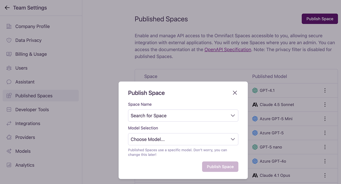 The 'Publish Space' modal for selecting a space and model.