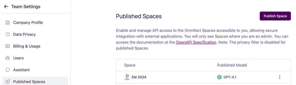 The Published Spaces dashboard showing a list of active endpoints.