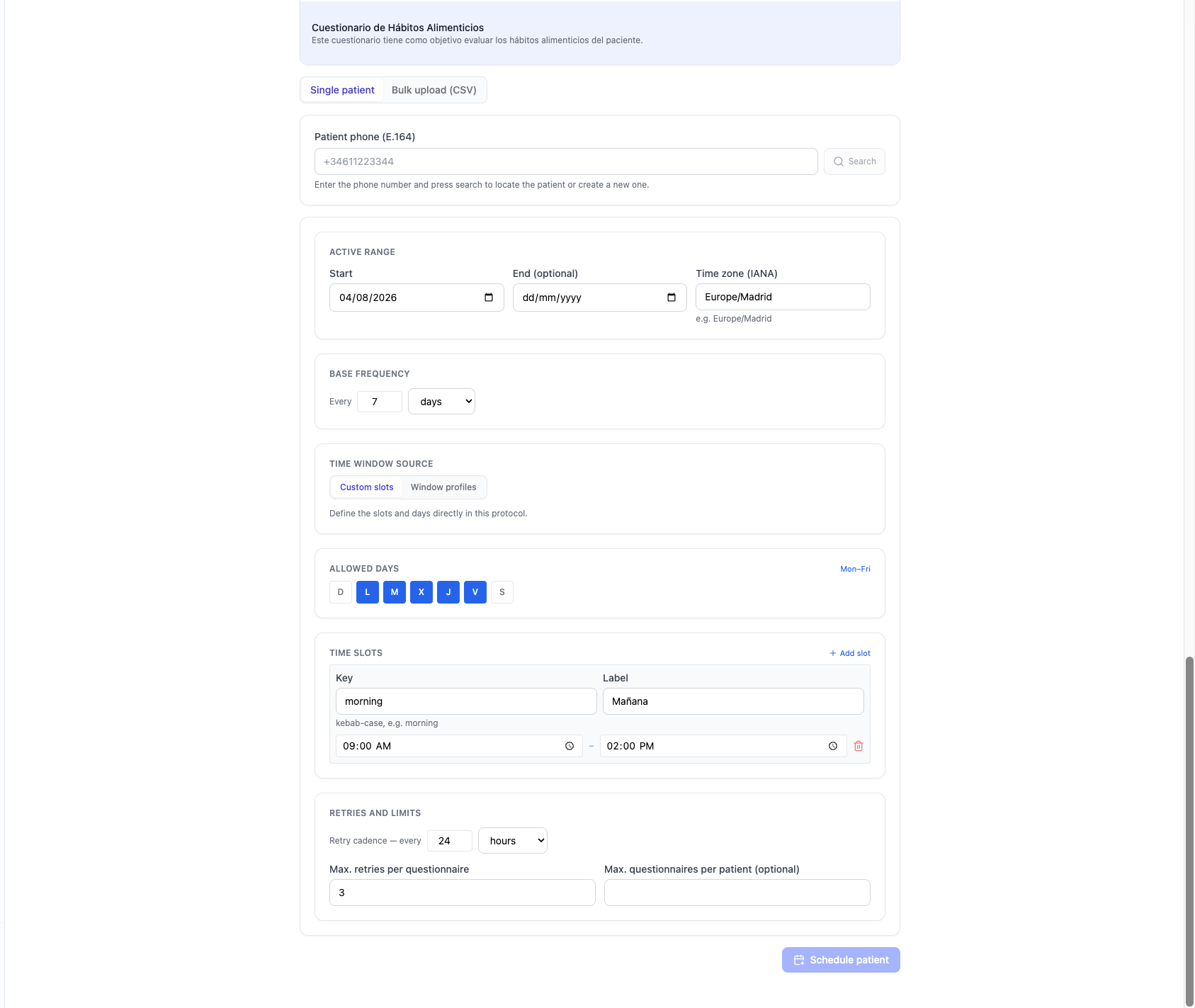 Scheduling panel