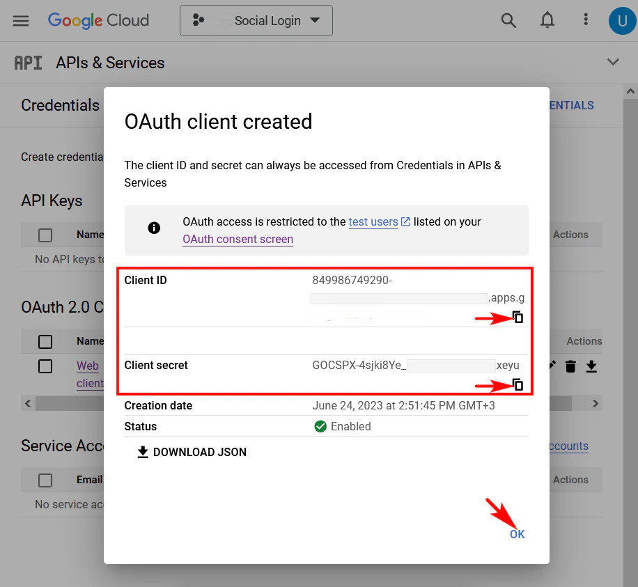 Cliente OAuth Criado
