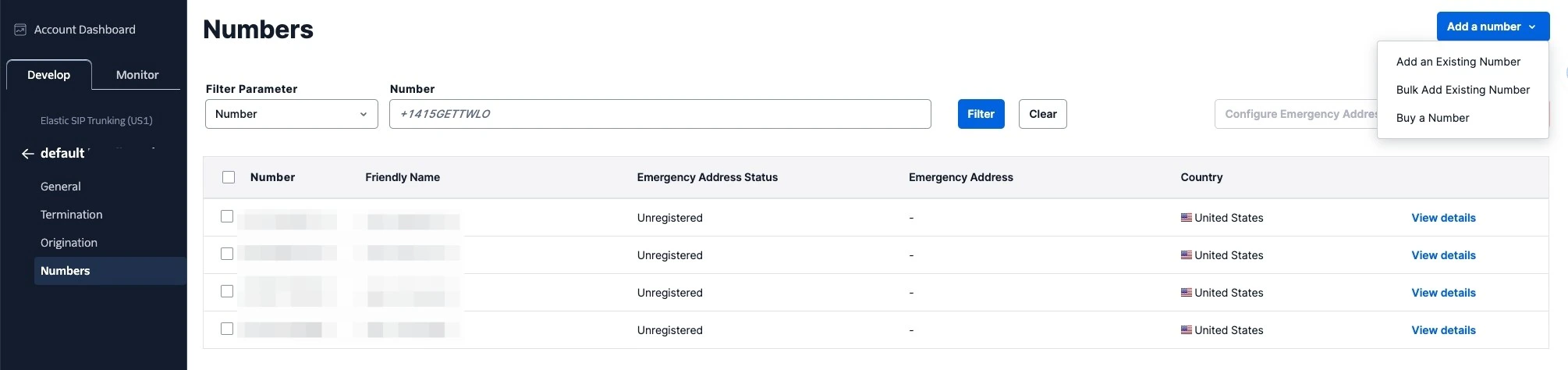 Mover números para Elastic SIP Trunking