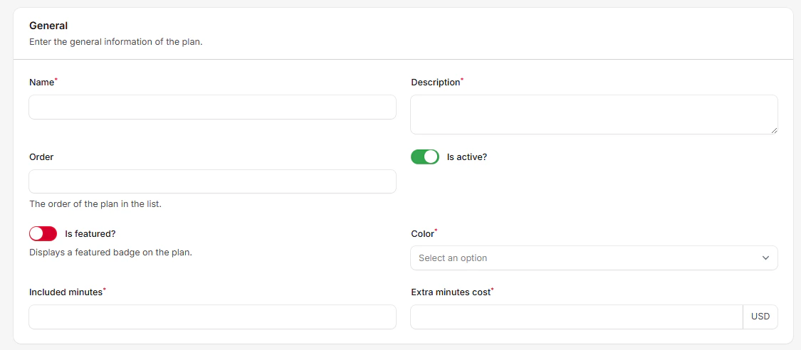 Formulário de Criação de Plano