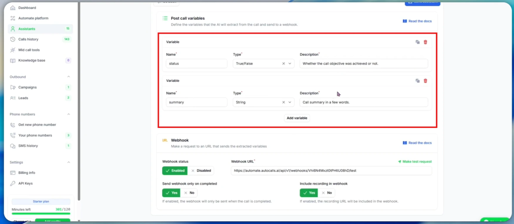 Post-call variables configuration