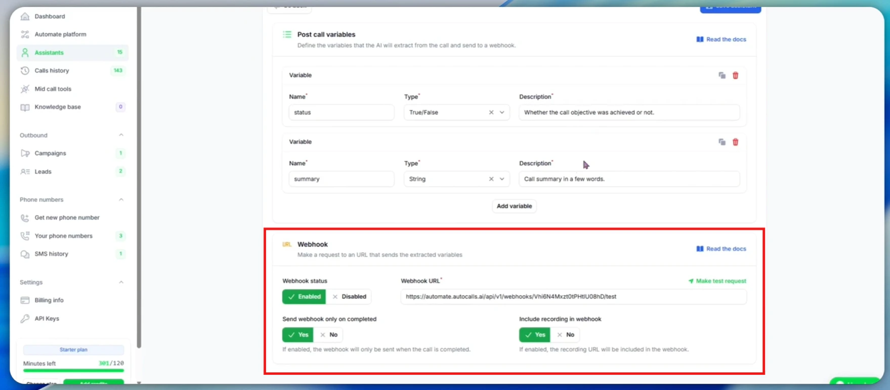Configurações do webhook