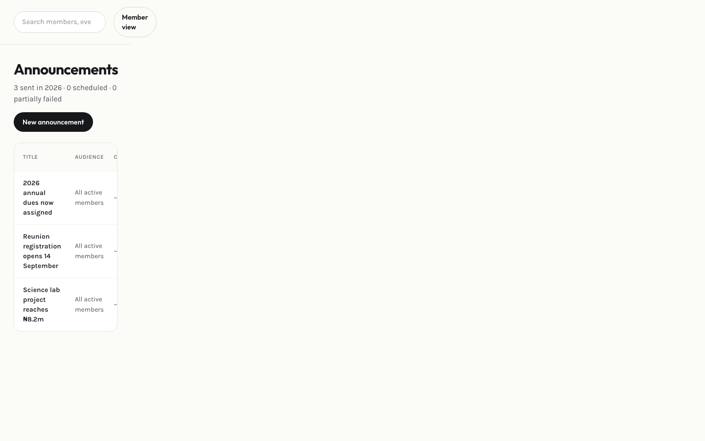 Admin announcements page