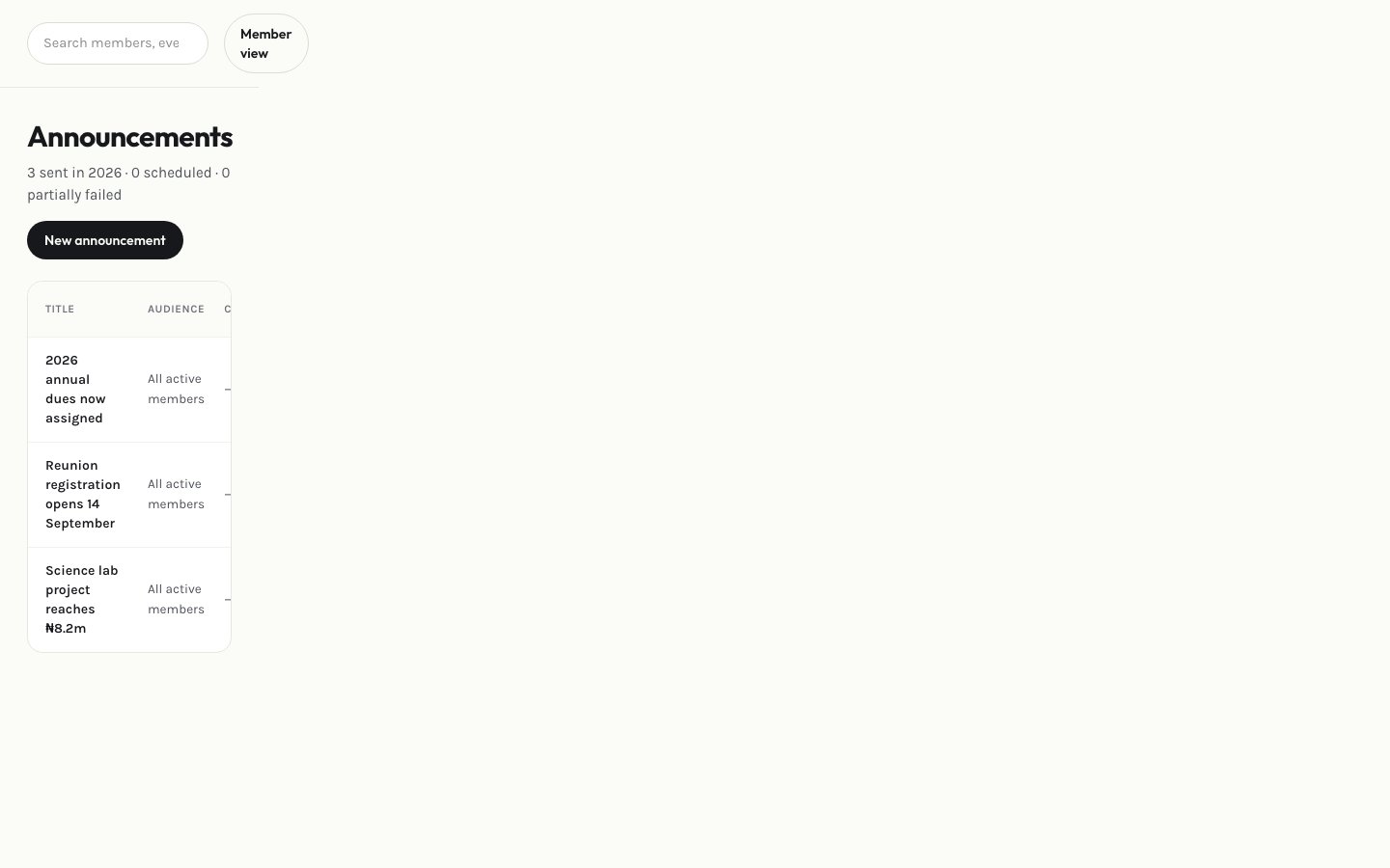 Admin announcements page