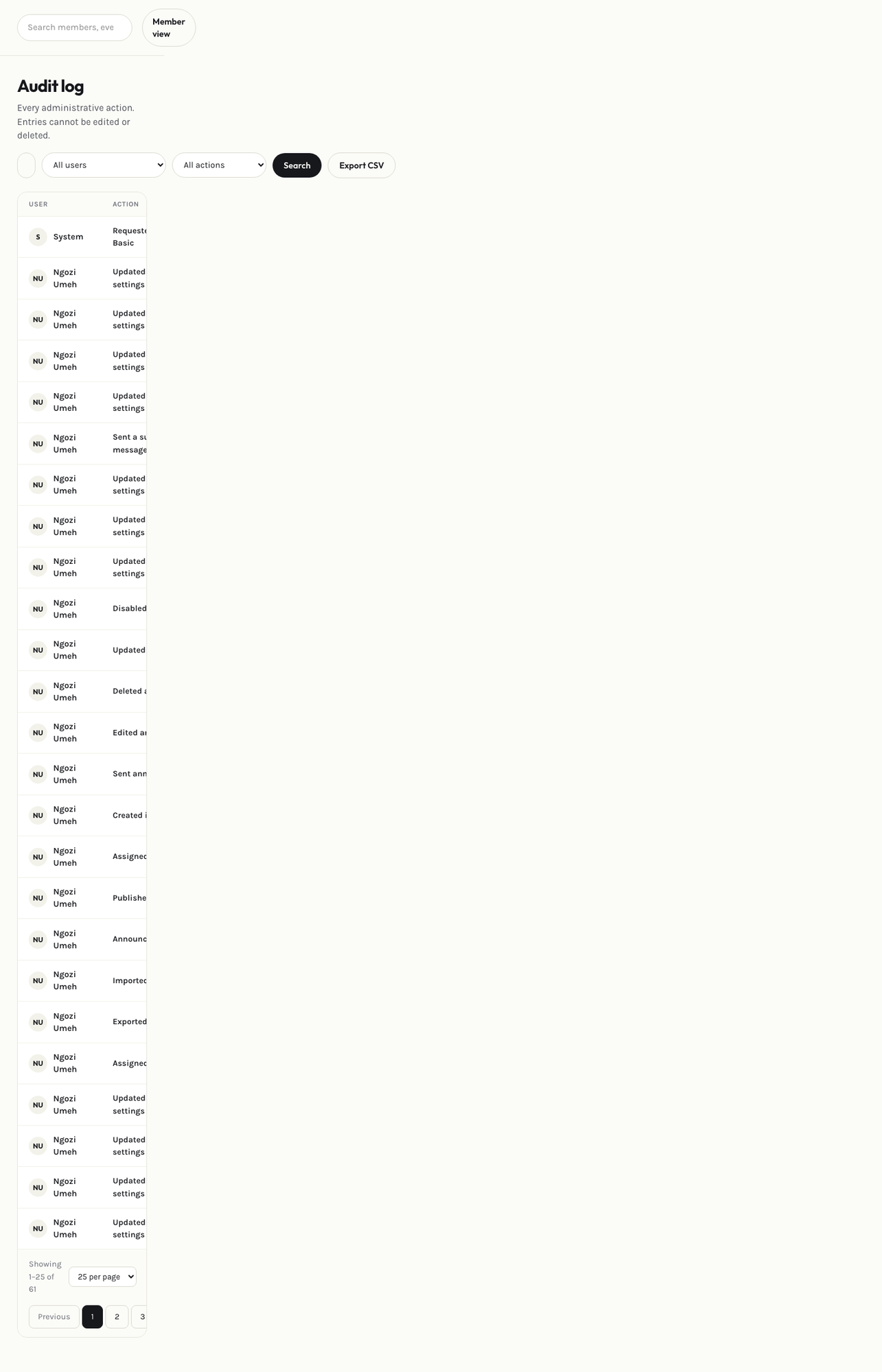 Admin audit log page