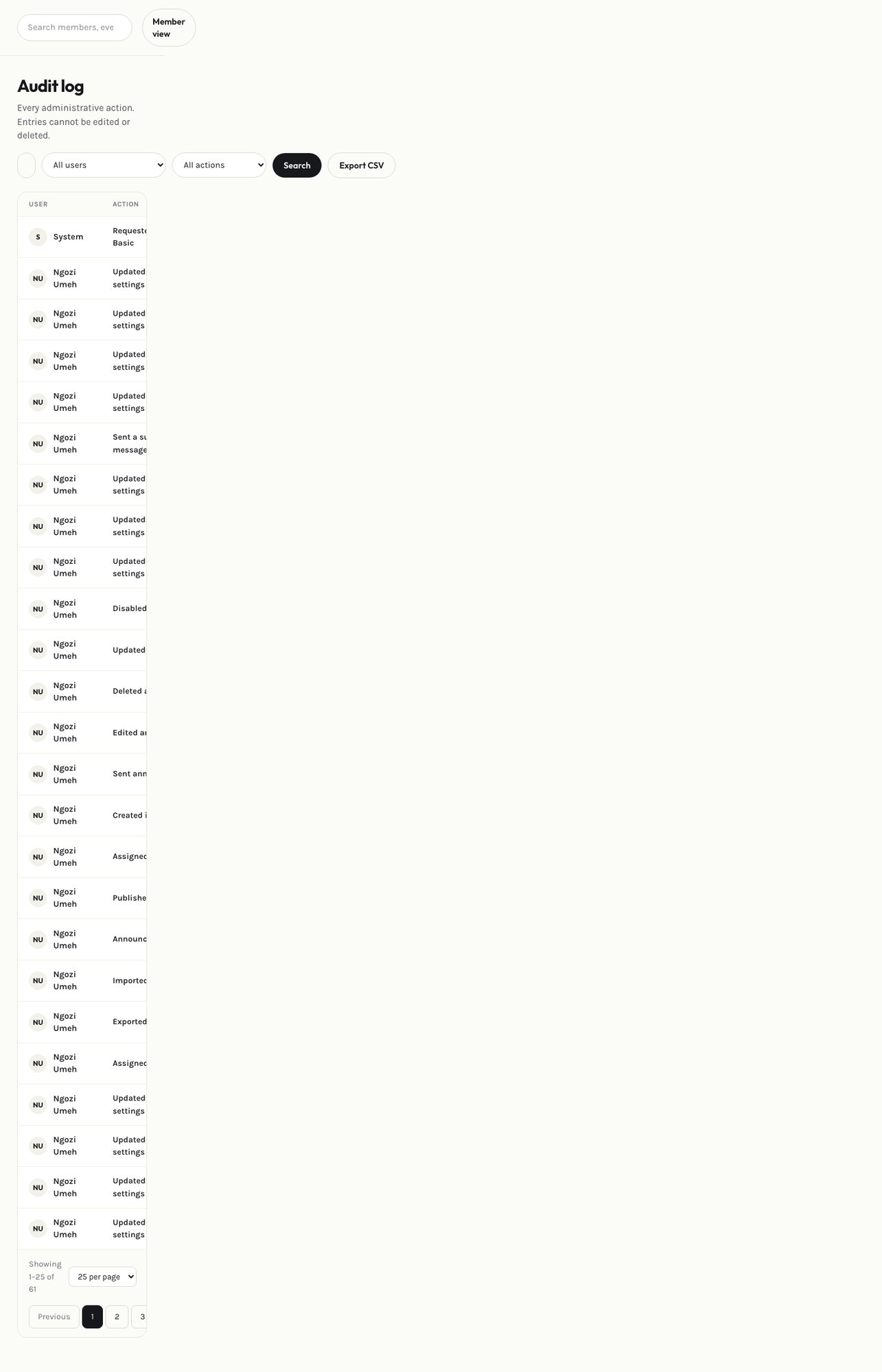 Admin audit log page