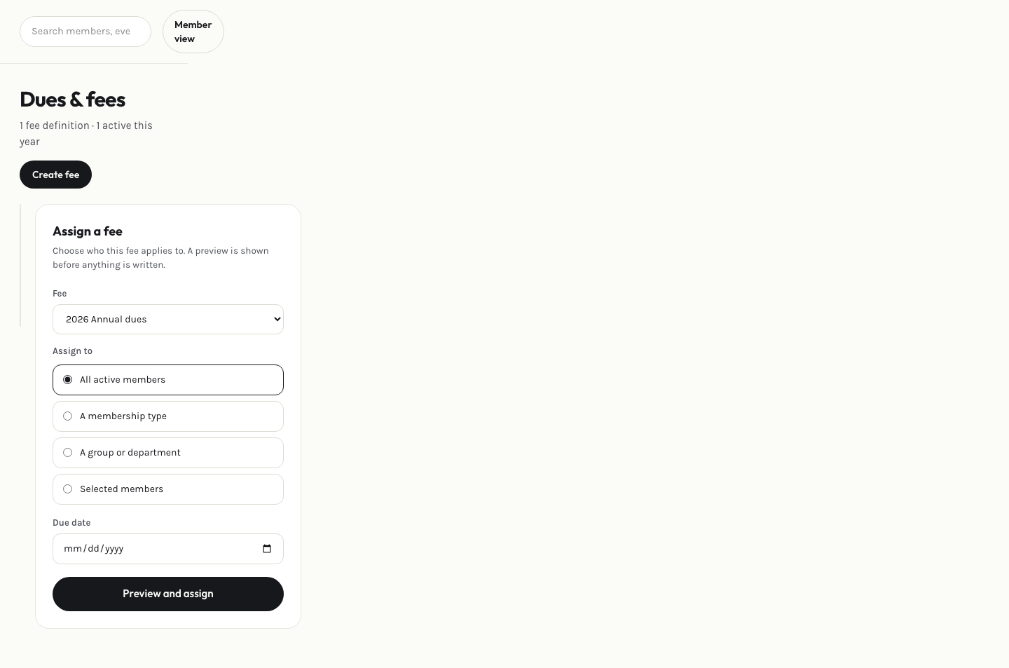 Admin dues & fees page