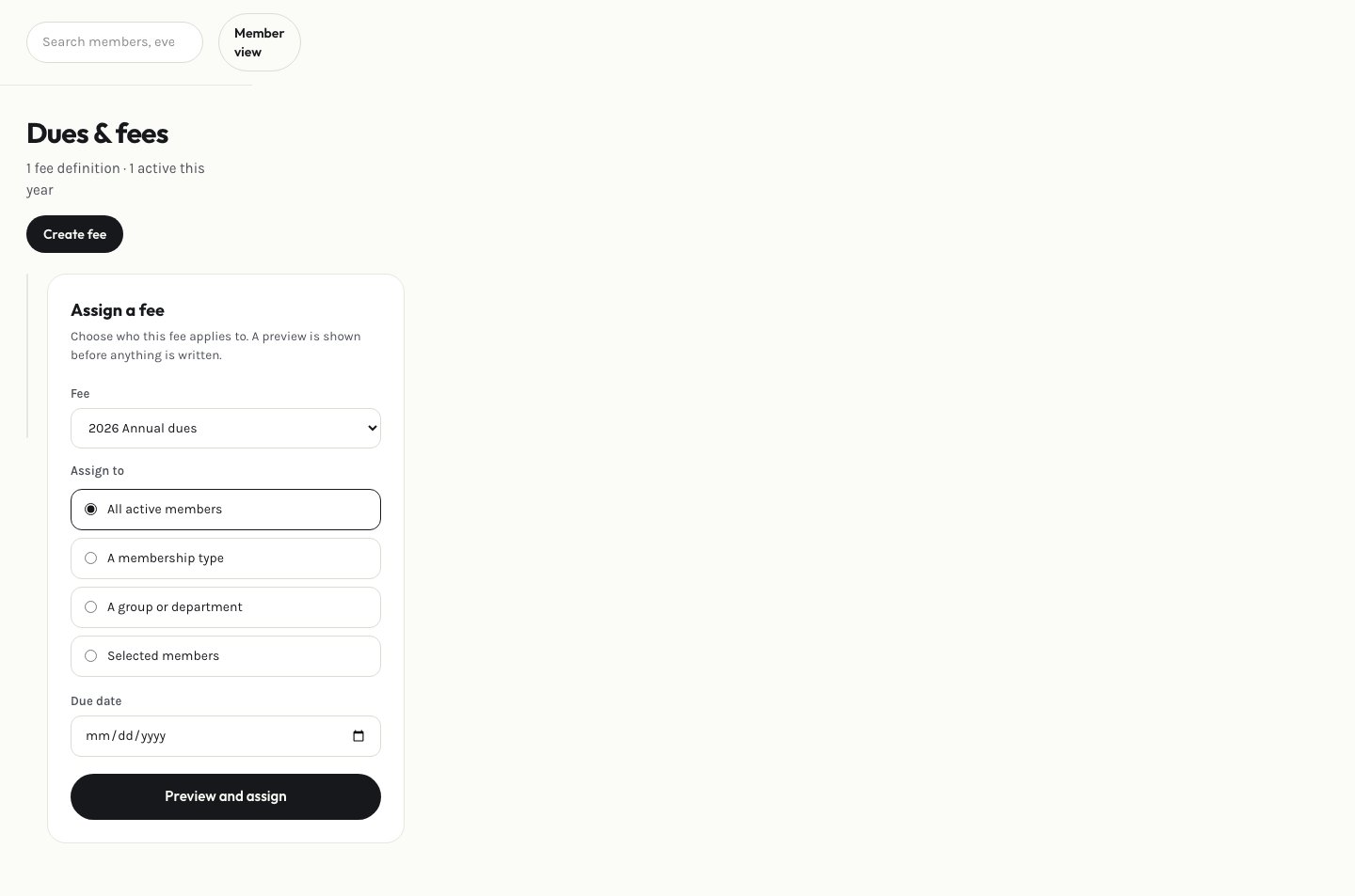 Admin dues & fees page
