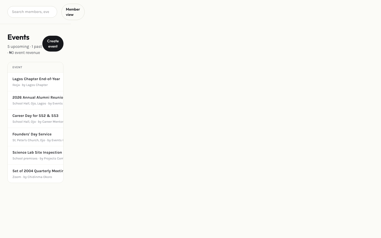 Admin events page