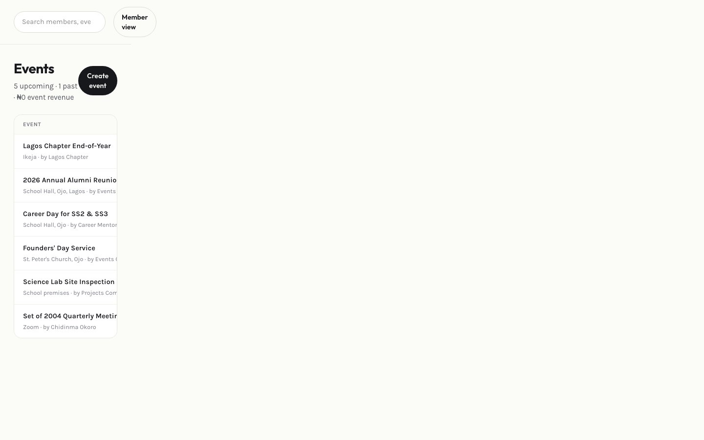 Admin events page