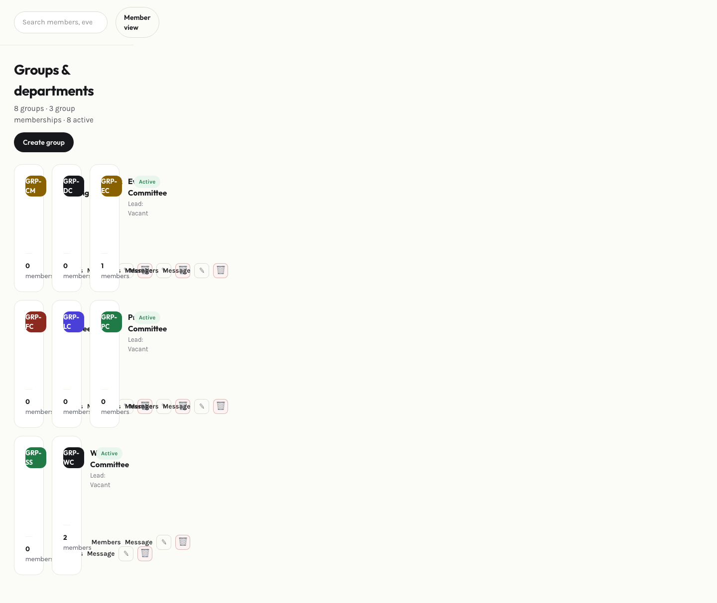 Admin groups page