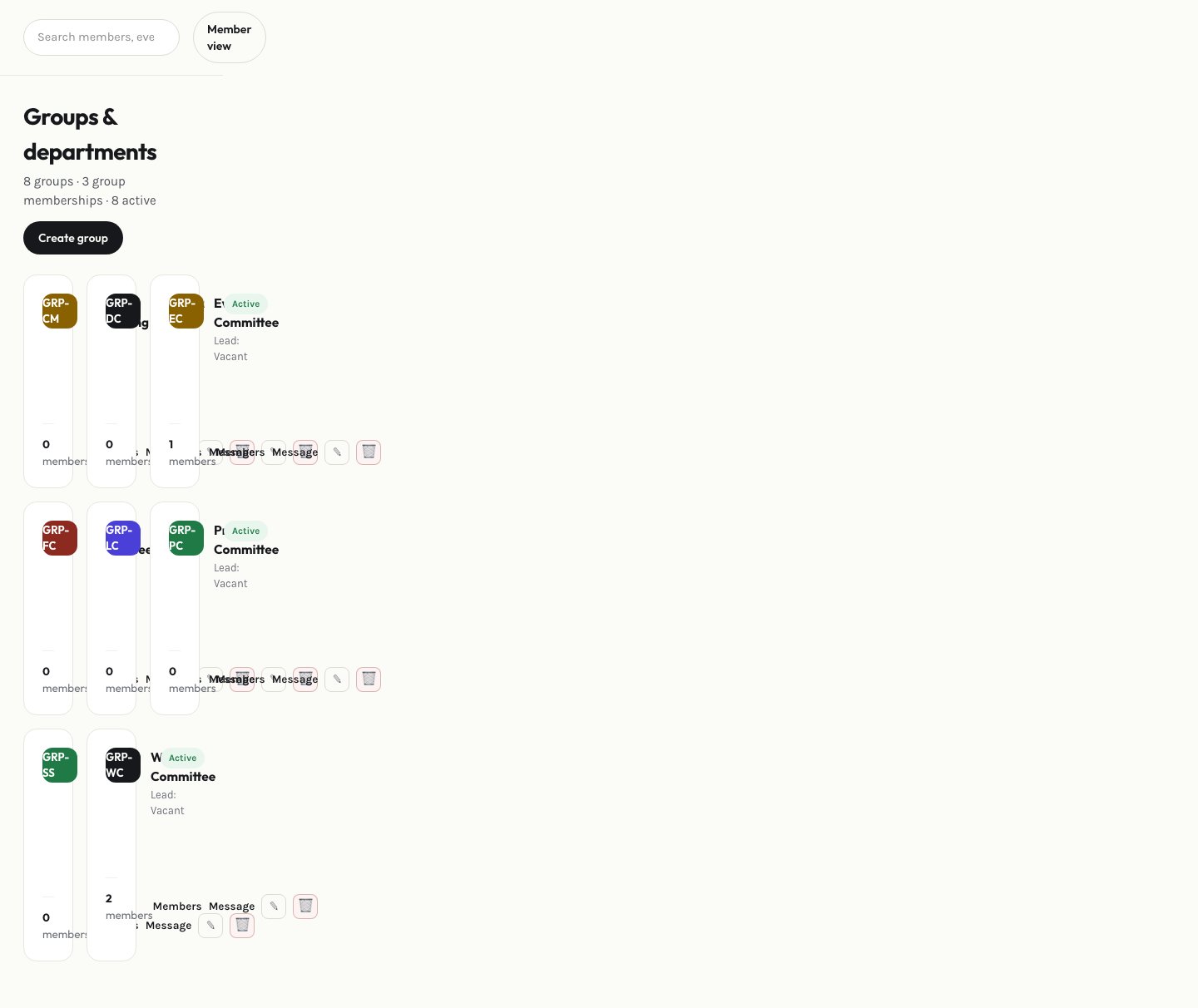 Admin groups page