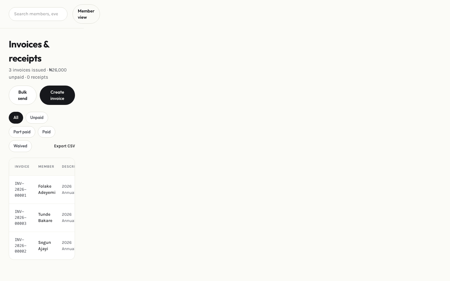 Admin invoices & receipts page