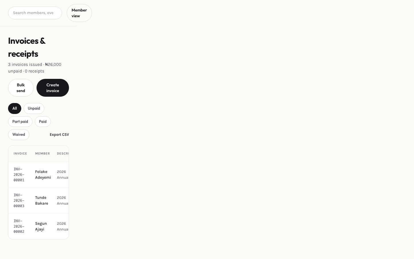 Admin invoices & receipts page