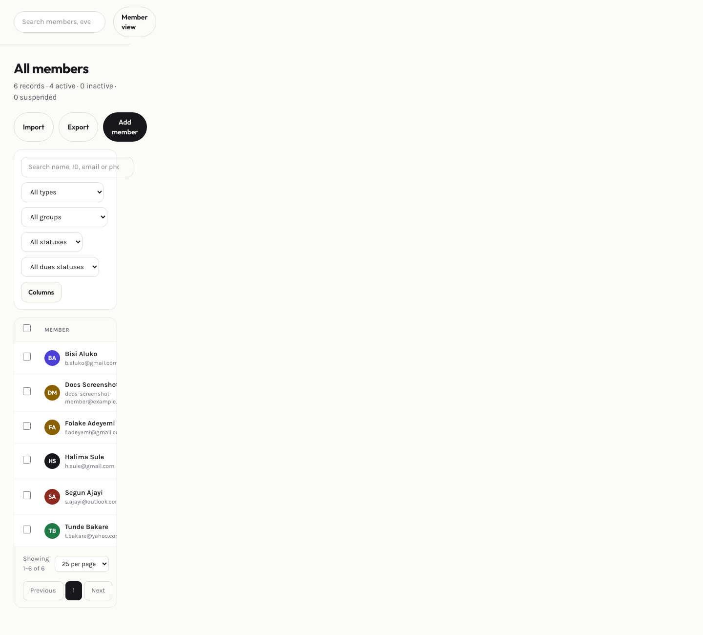 Admin members page
