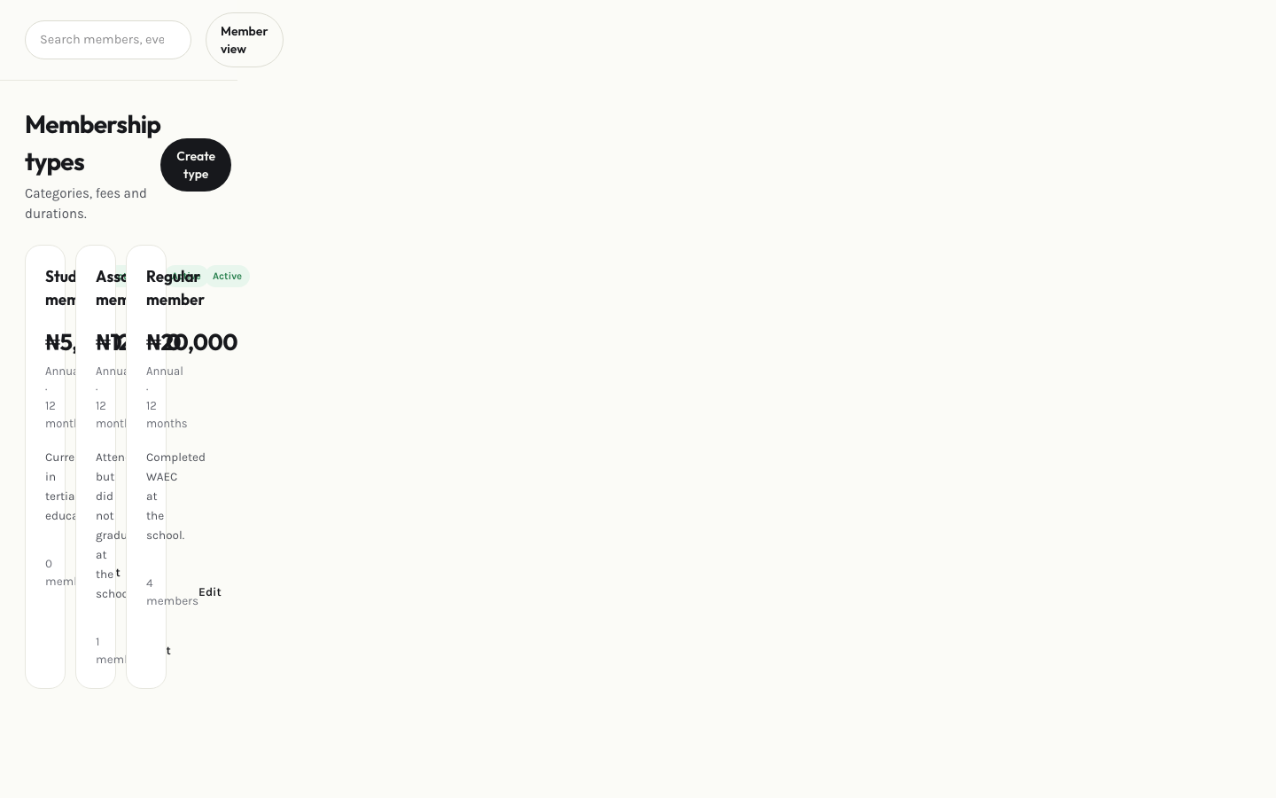 Admin membership types page