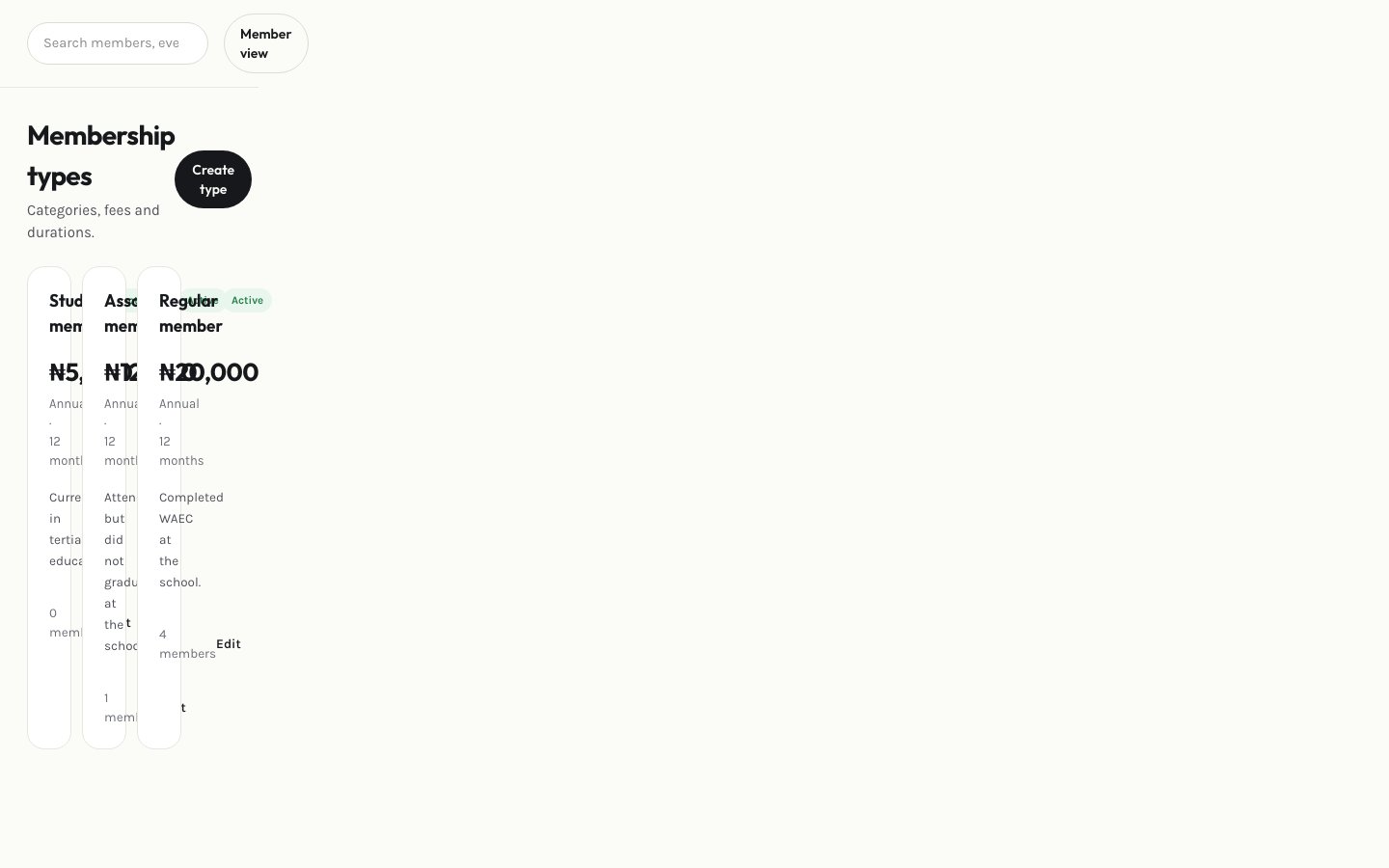 Admin membership types page